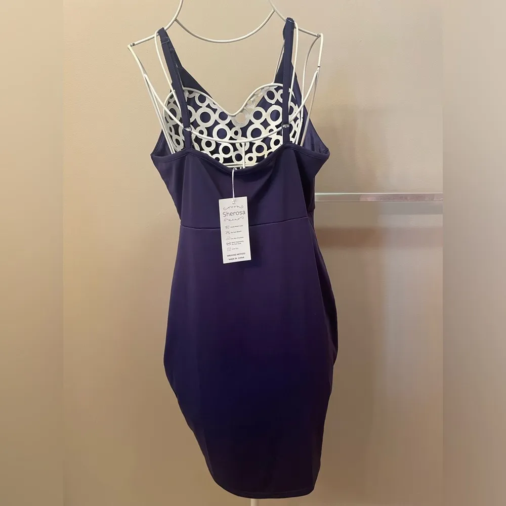 NWT Bodycon Wrap Mini Asymmetrical Spaghetti Strap Dress Blue Size M - Image 4