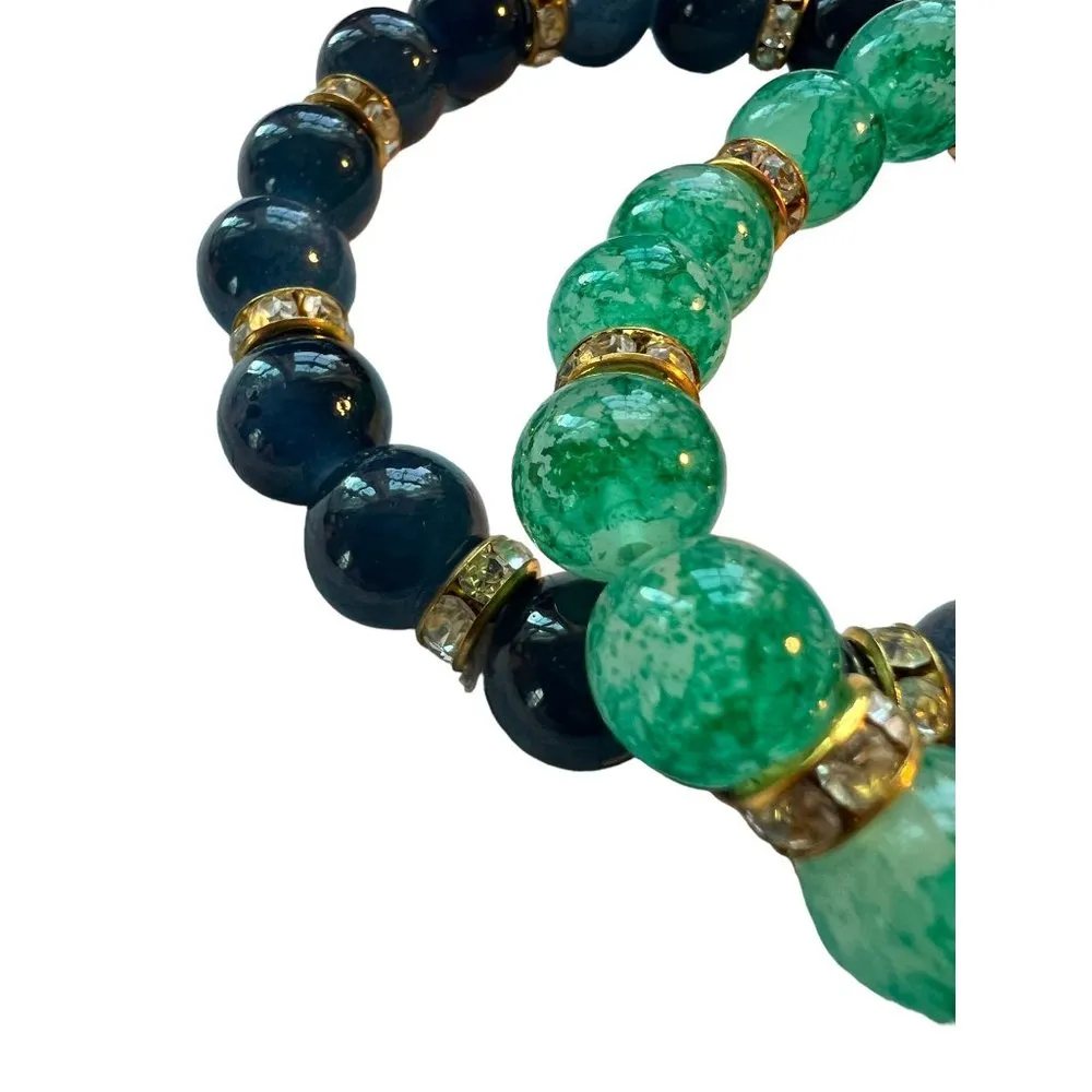 2 Stretch Glass Bead Bracelets Gold Tone Rhinestones Rondelle 6.5" Blue Green - Image 3