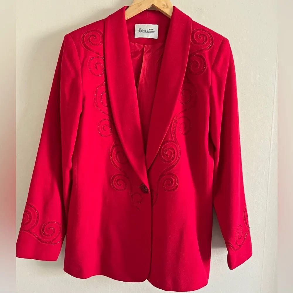 Vintage Nolan Miller Red Wool Beaded Blazer Jacket Women’s Small Medium 80s - Image 2