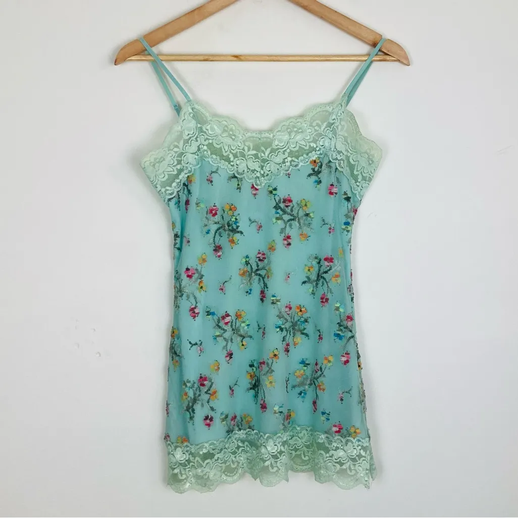 Vintage Y2K Arden B sea foam blue green floral embroidered mesh overlay cami. S - Image 2