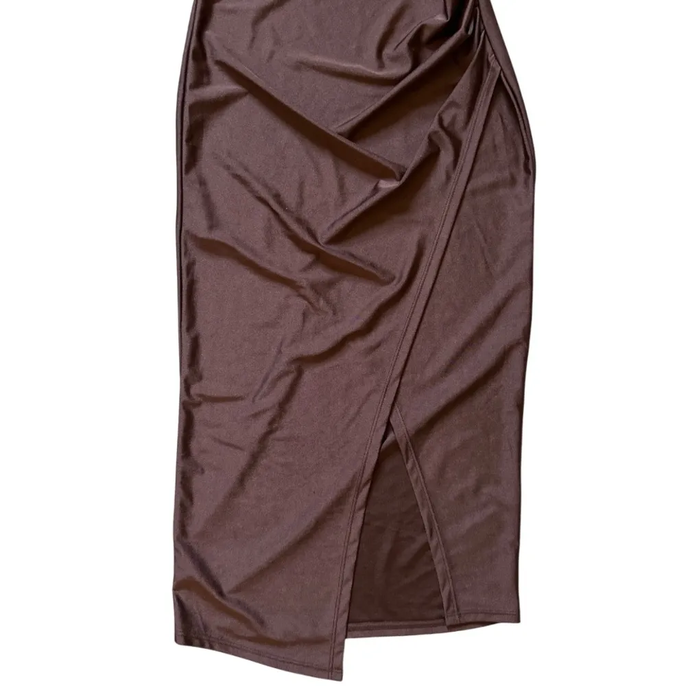 Brown Ruched Bodycon Midi Dress Sz S Spaghetti Strap Slit Wedding Cocktail Party - Image 5