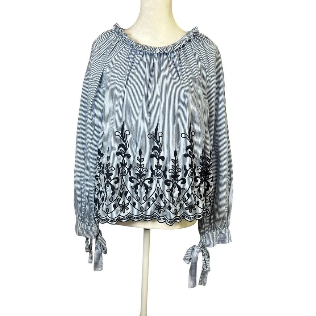 Zara Trafaluc Blue Striped Eyelet Embroidered Top Long Tie Balloon Sleeve Sz M - Image 12