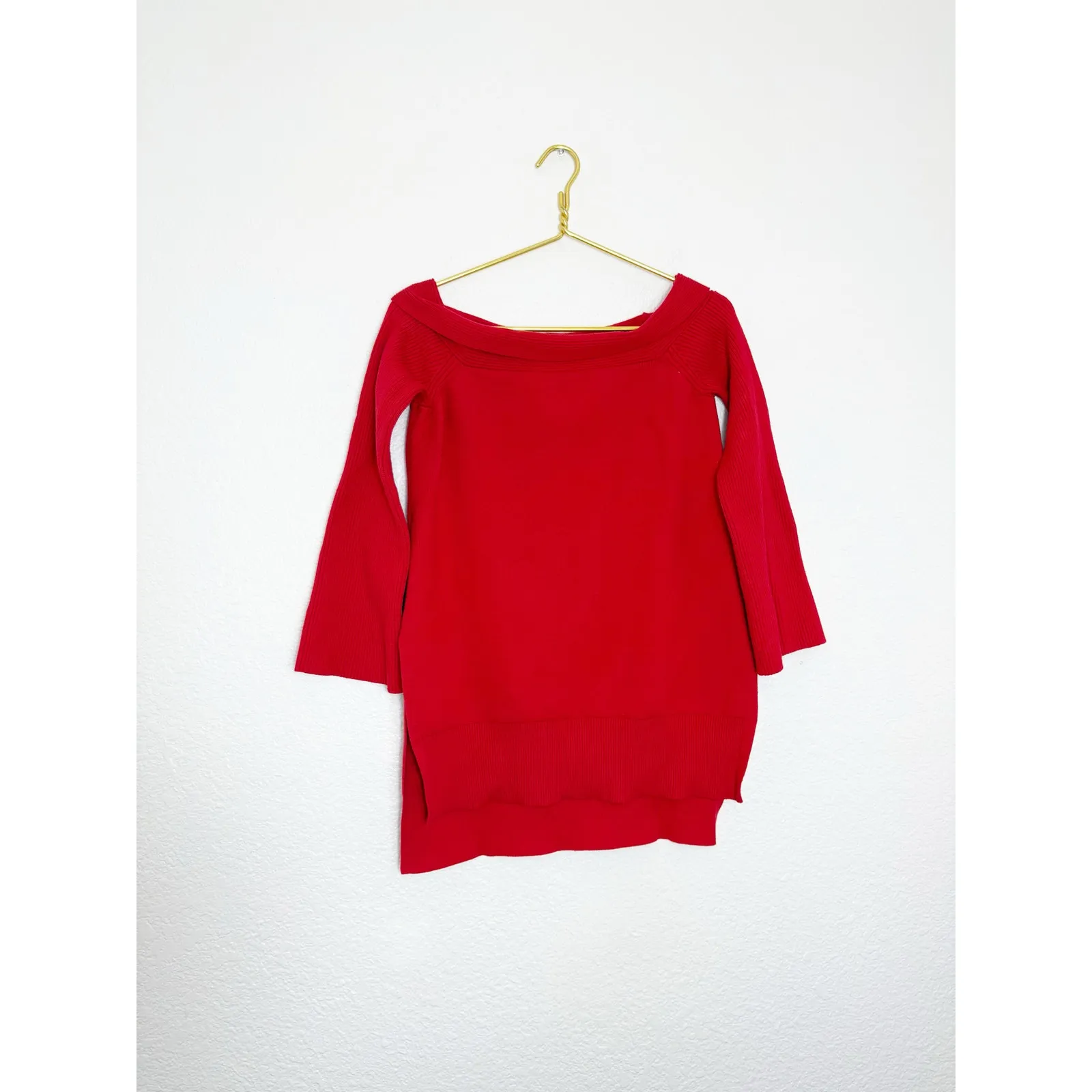 Anthropologie Elise Red Ribbed Tunic Sweater Size Small Off Shoulder Bell Sleeve - Image 4