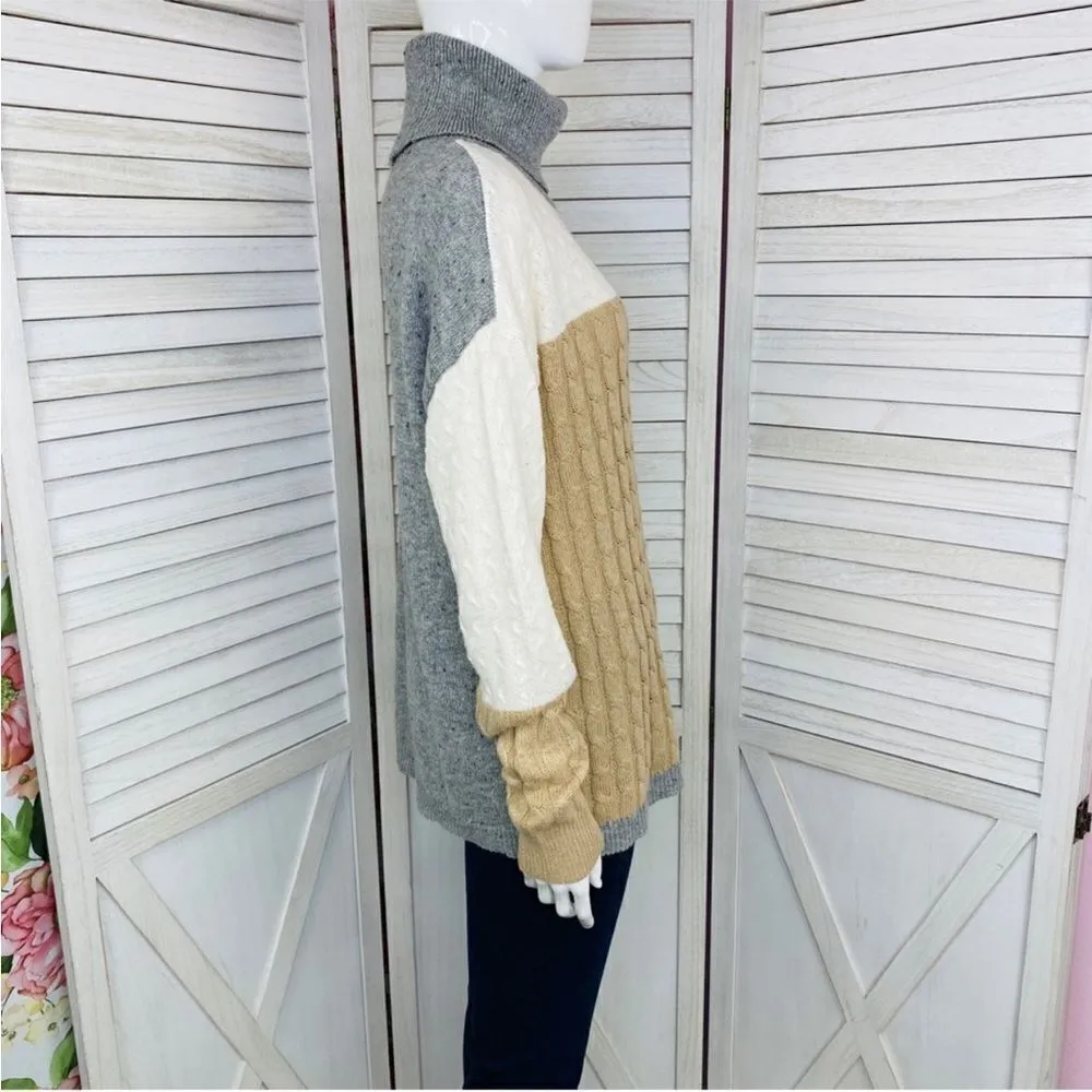 Versona Multi Pattern Color Block Turtleneck Sweater Gray Tan Large - Image 4