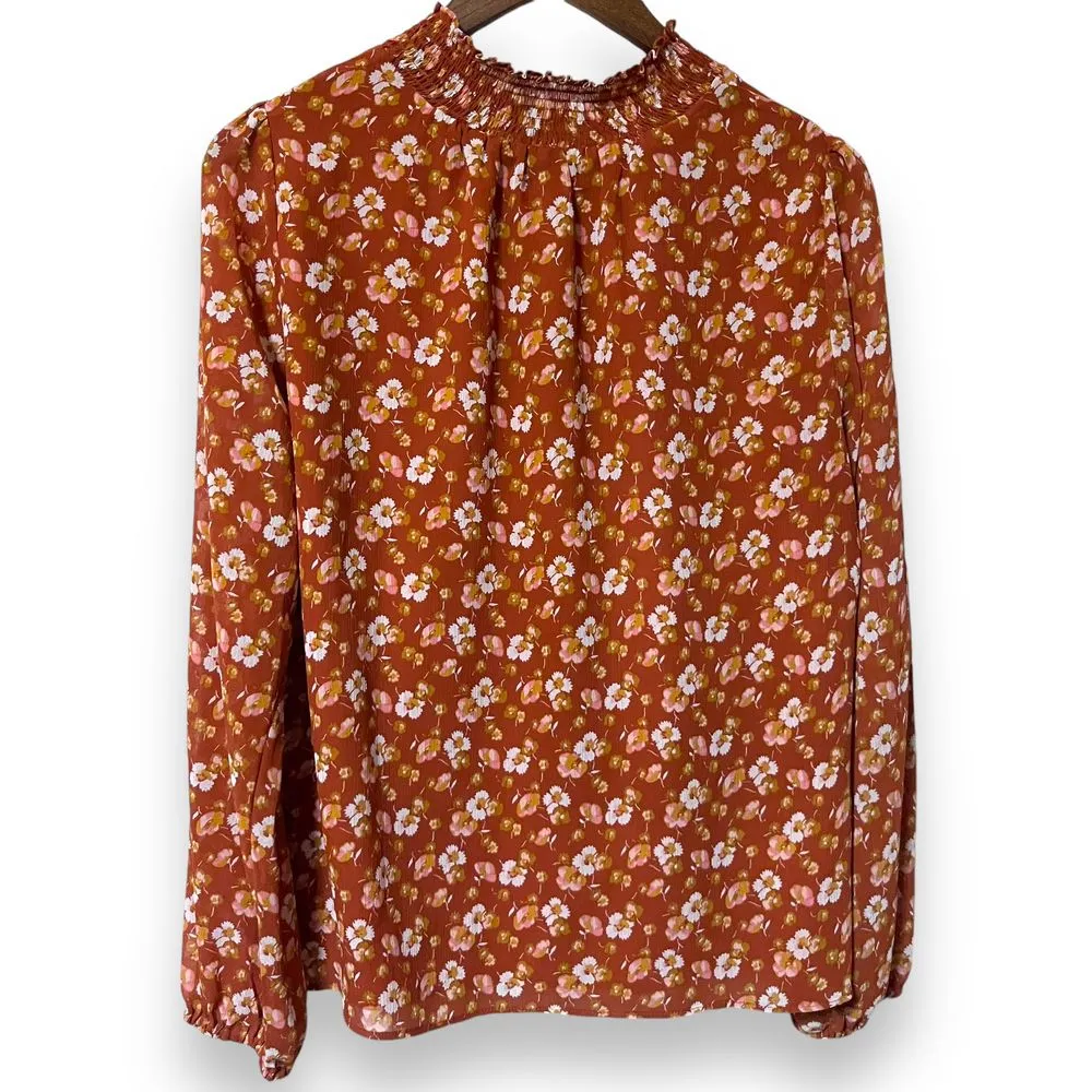 J‎ Crew Shirt Medium Smocked Puff Sleeve Ruffle Burnt Orange Floral Blouse - Image 6