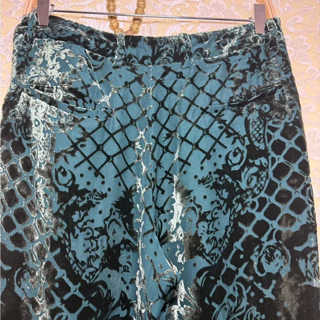 Balmain collab H&M Dark Green Velvet Wide-Leg trouser Pants wide leg rose print - Image 9