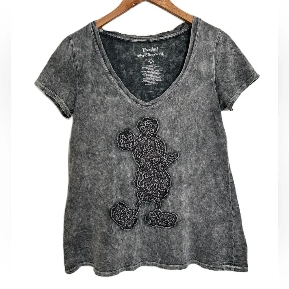 Disney Women's‎ Gray Marble Embroidered Mickey Mouse Cotton Shirt Medium - Image 3