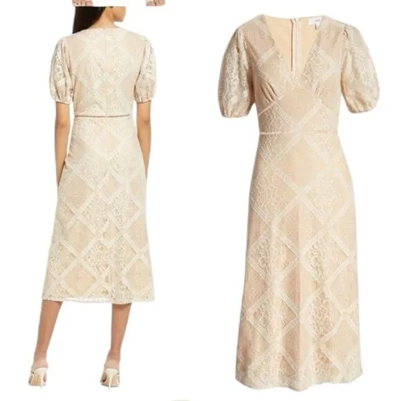 NSR NWTs Ana Rose Lace Tan Cream Romantic Dress size XS Midi Puff Sleeves - Image 2