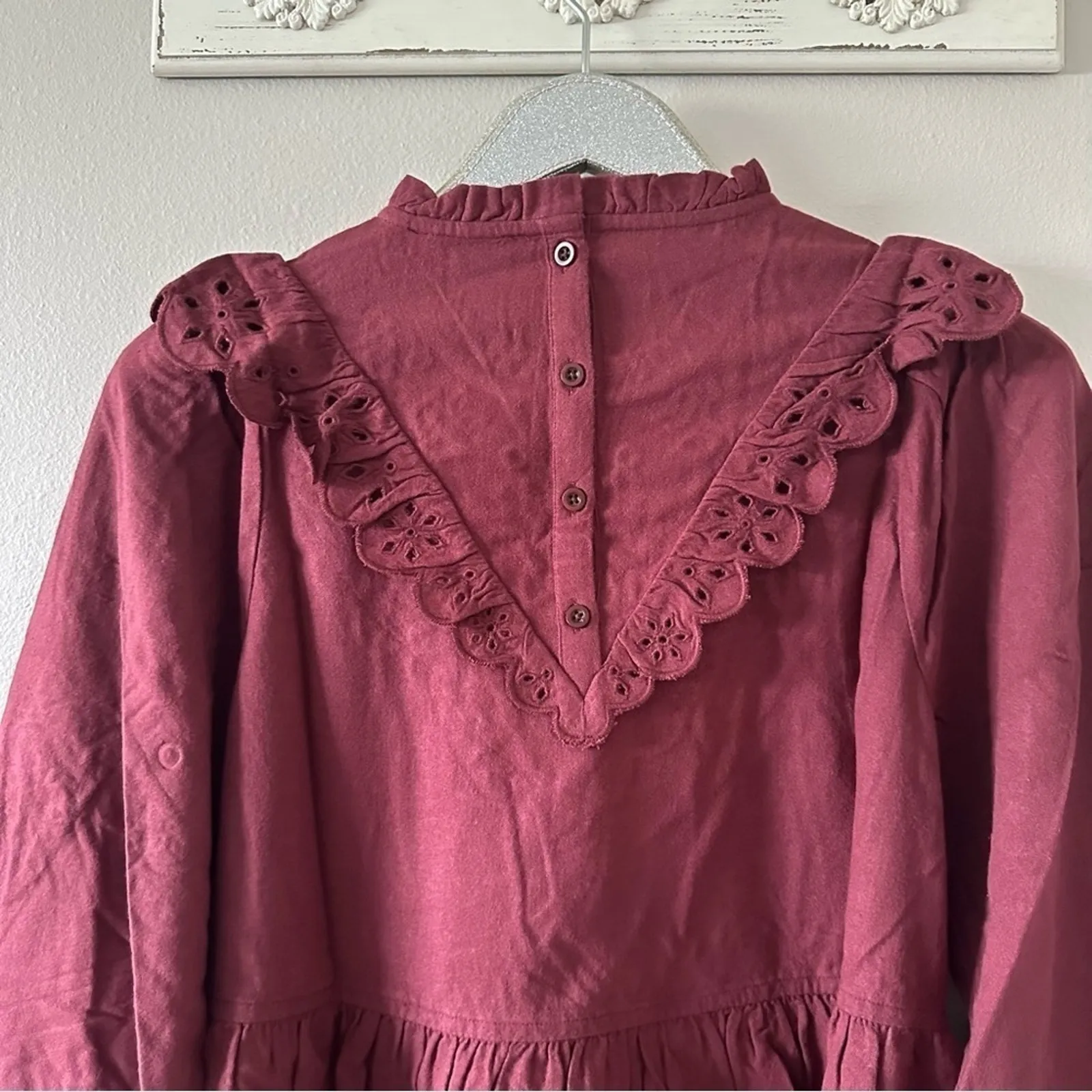 Madewell Embroidered Ruffled Flannel Mini Dress Vintage Mulberry NEW - Image 7