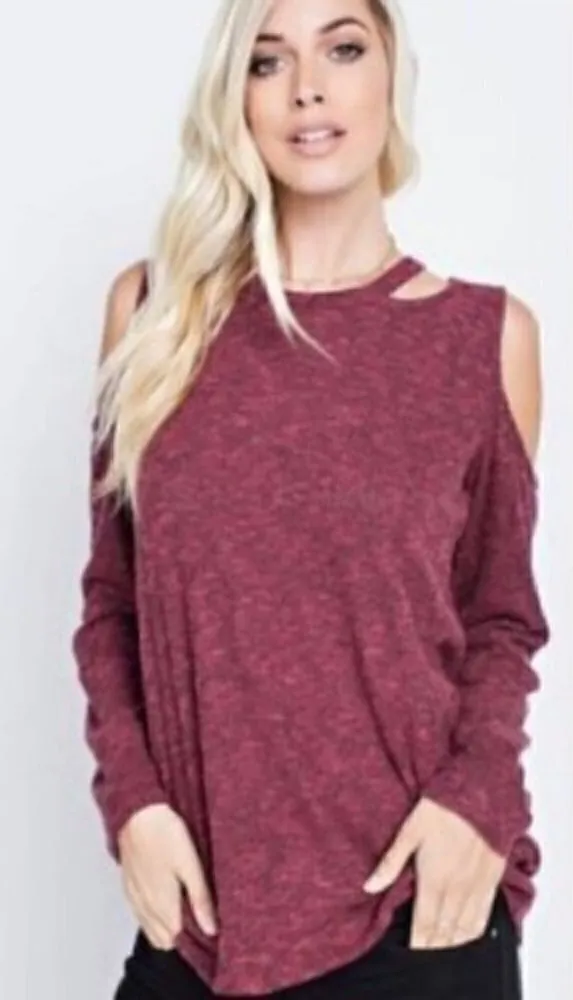 143 Story Top Medium Cold Shoulder Long Sleeve Deconstructed Maroon Distressed - Image 1