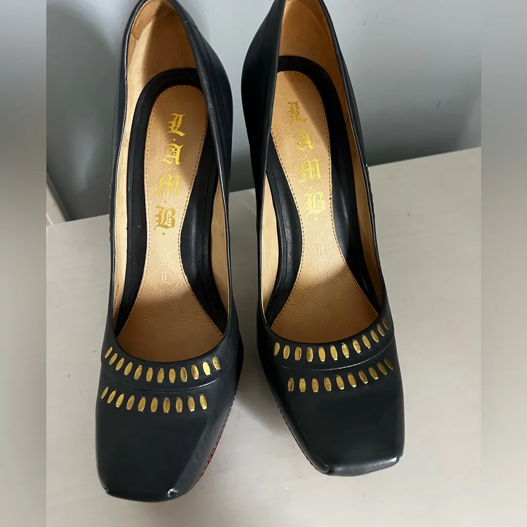 L.A.M.B. Y2K Leather Square Toe Heels size 7 Pumps Platform Stilettos Grey - Image 3