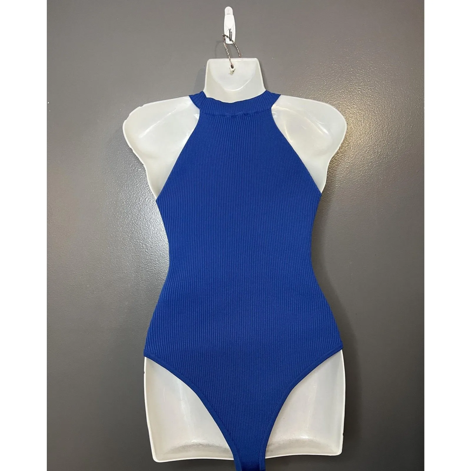 Happily Grey Bodysuit Womens Large Blue Ribbed Sleeveless High Neck Stretch - Image 4