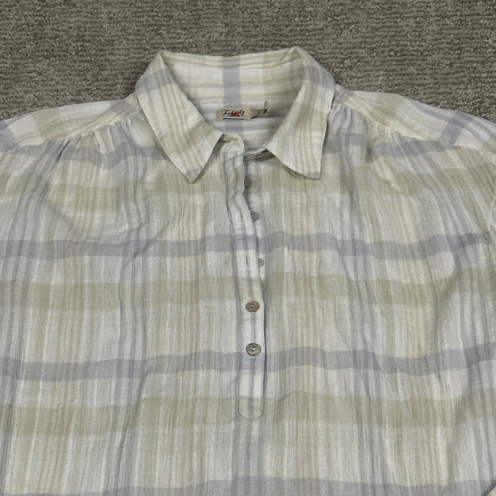 Faherty Ollie Top Womens Large Popover Shirt Organic Cotton Beige Green Blue - Image 2