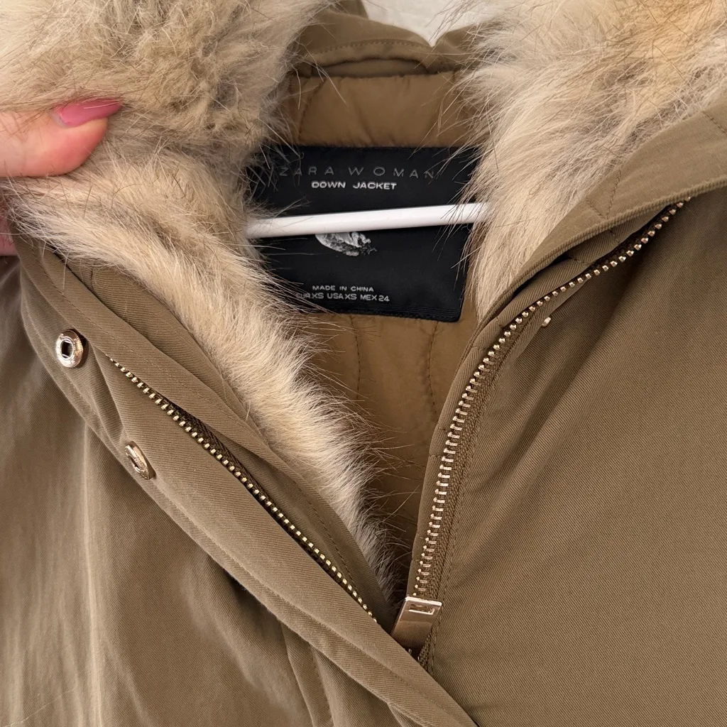 Zara Puffer Parka Coat Hooded Jacket With Faux Fur Trim - Image 8