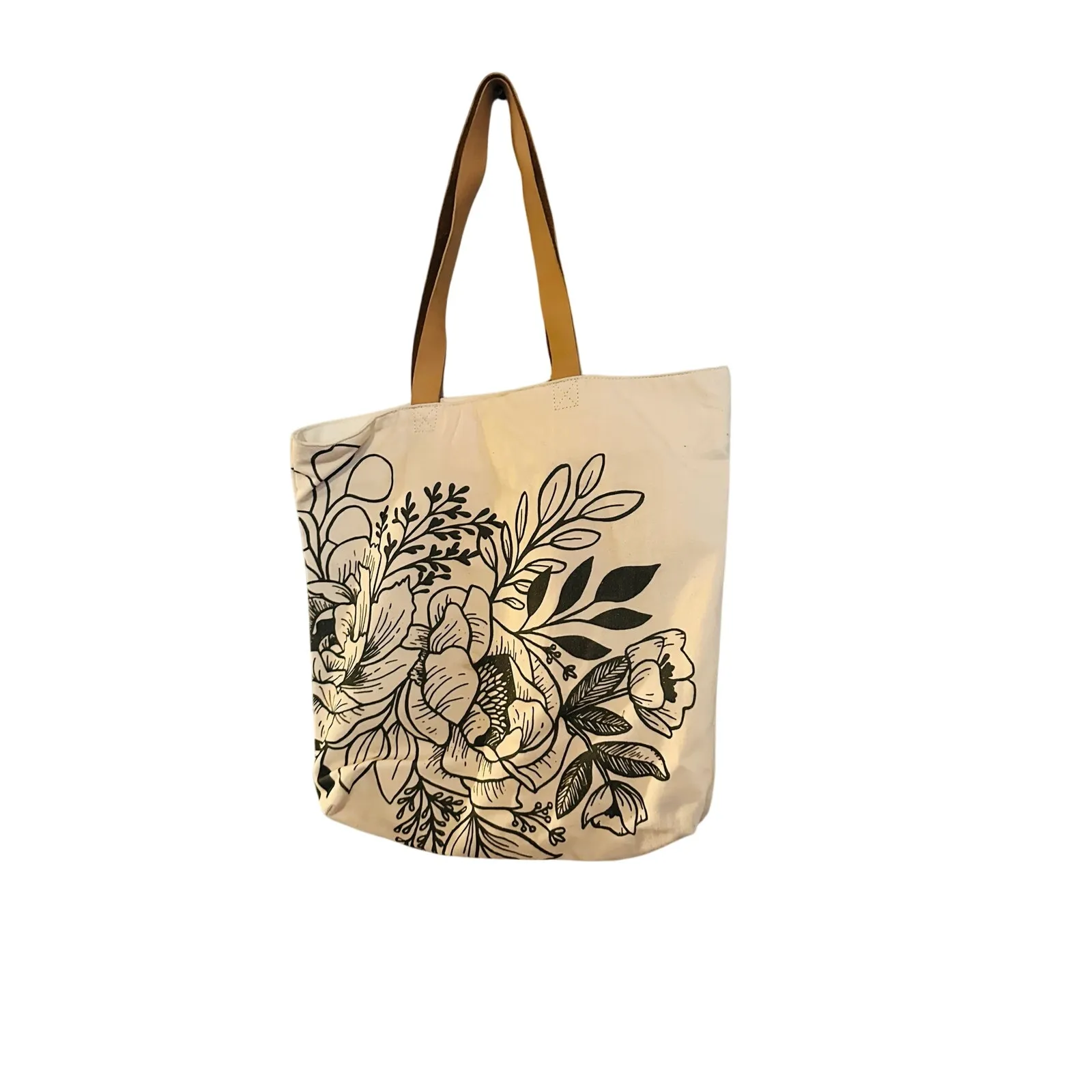 MINTED Canvas Cotton Floral Black White Design Snap Closure Leather Straps Tote - Image 3