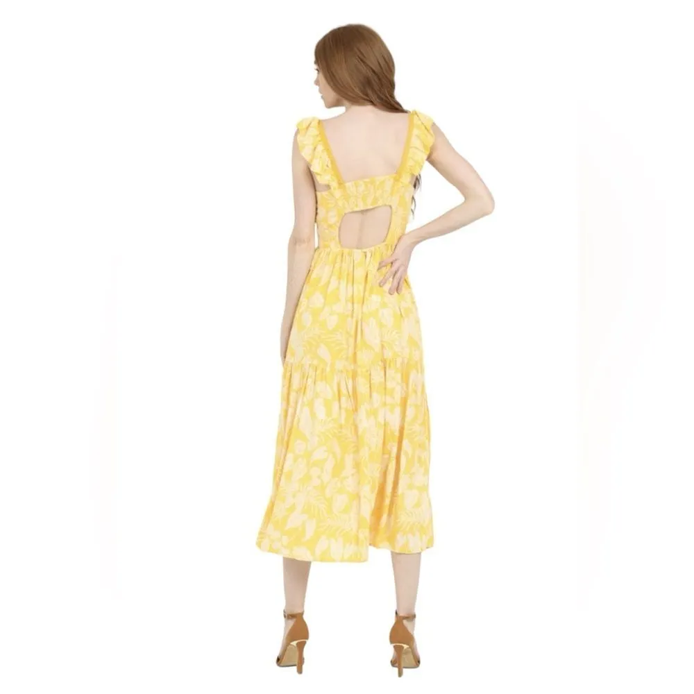 Angie Midi Dress Cap Sleeve Tiered Skirt Yellow Floral Open Back Womens Large - Image 4