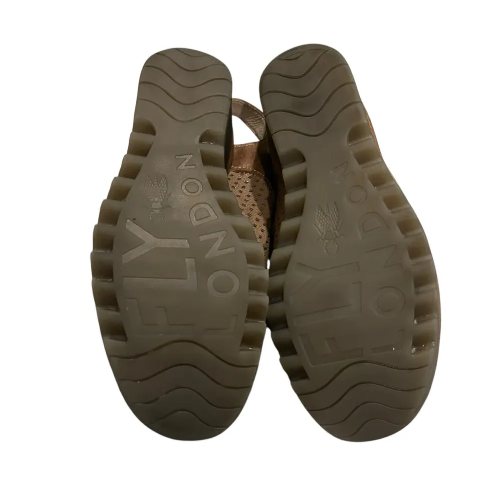 Fly London Yuta Perforated Leather Lace-up Wedge Sandal Tan Metallic Sz EU 38 - Image 14