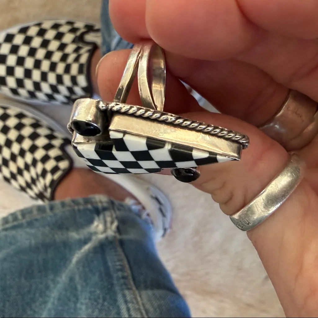 Sterling Silver black onyx checkered lightening bolt Statement Ring adjustable - Image 13