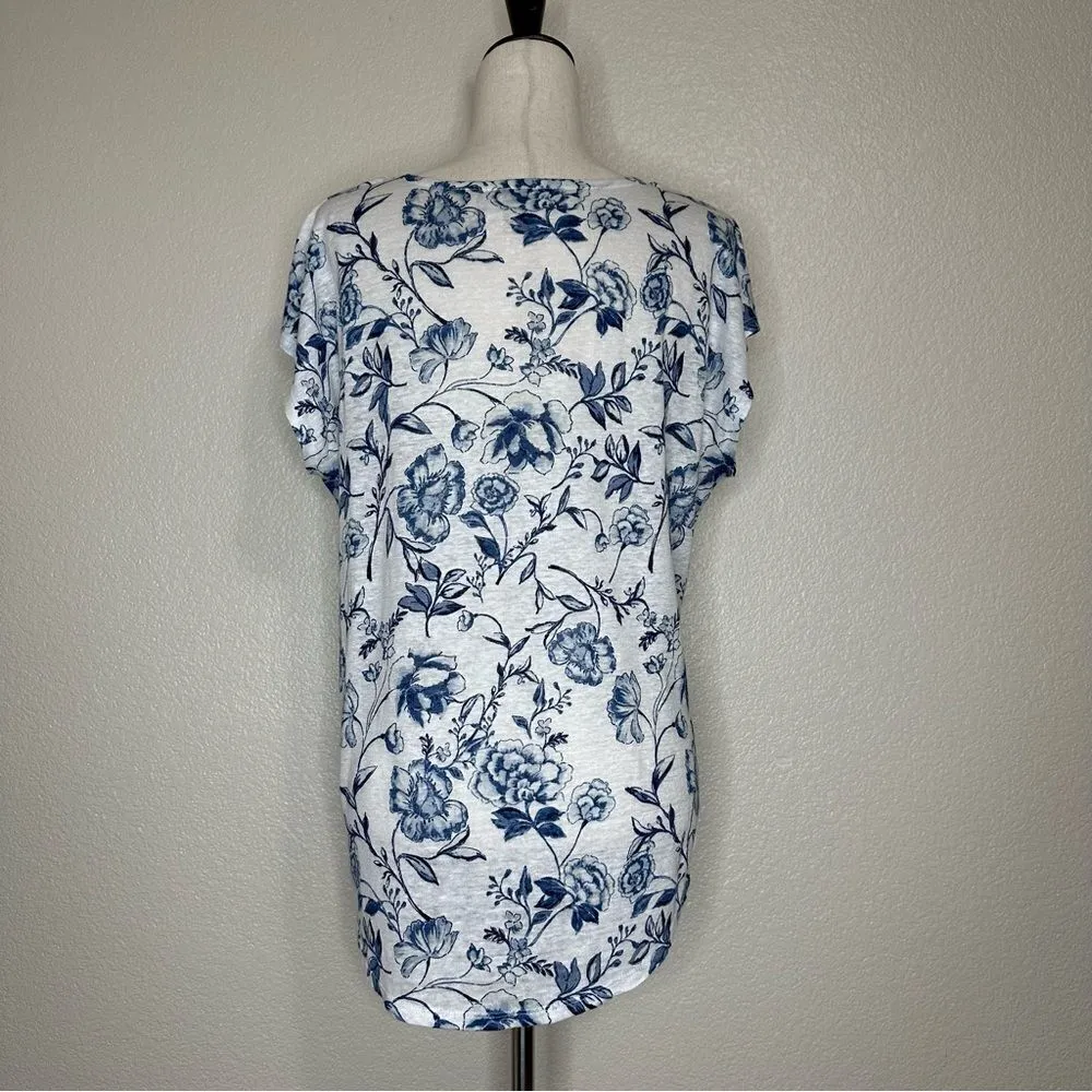 Cynthia Rowley 100% Linen Blue White Floral Cap Sleeves Top - Image 6