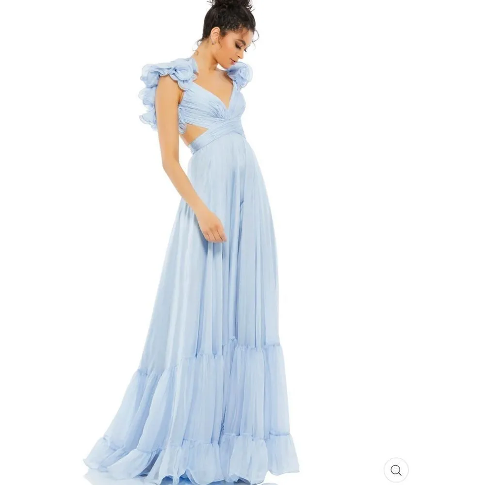 NWT Mac Duggal 67911 Ruffled Tiered Cut Out Chiffon Gown Dress Blue 2 - Image 5