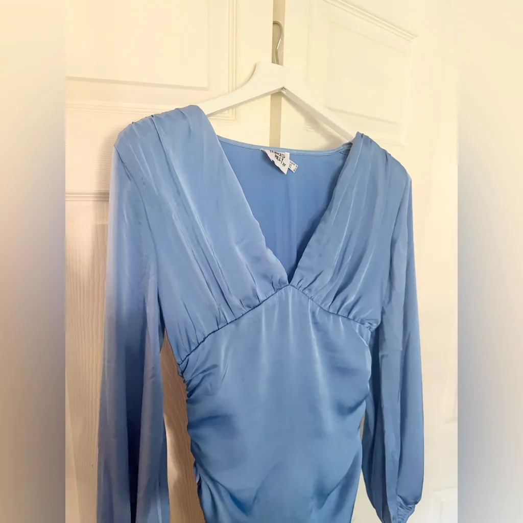Princess Polly Ziya Long Sleeve Dress Blue Satin Ruched Dress Size 4 - Image 8