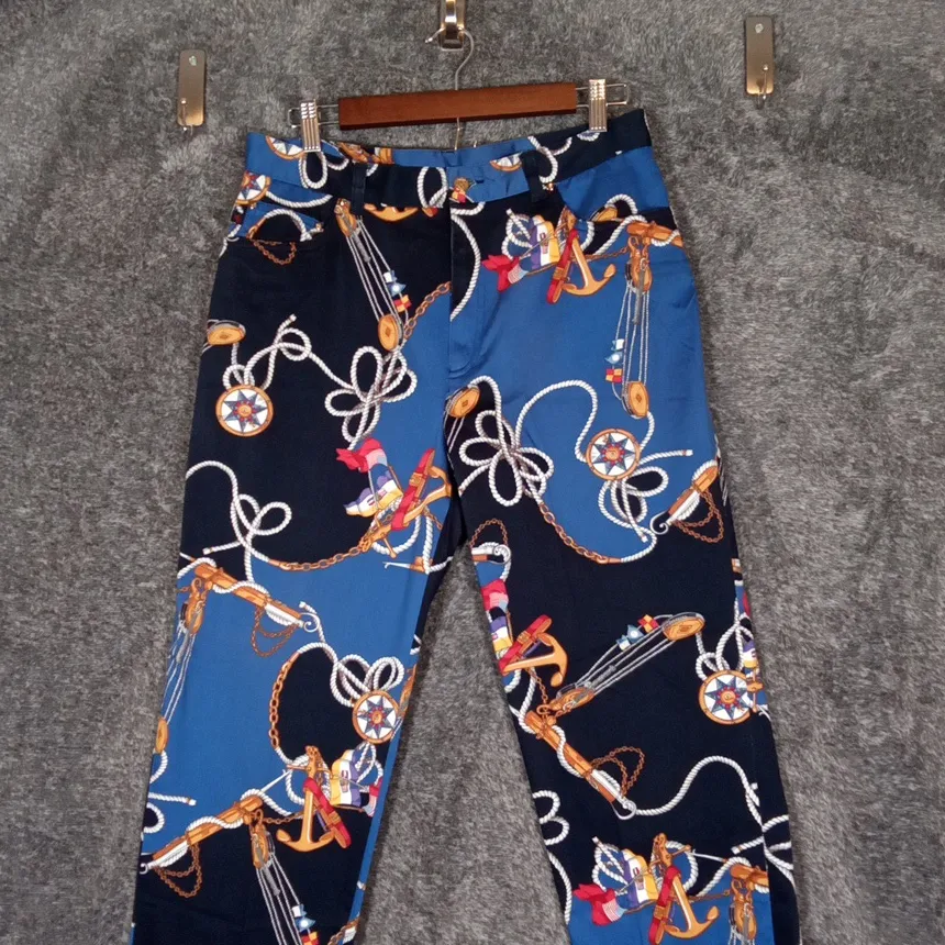 Ralph Lauren Nautical Blue Pants Vintage Sailing Flag Print Equestrian Womens 12 - Image 4
