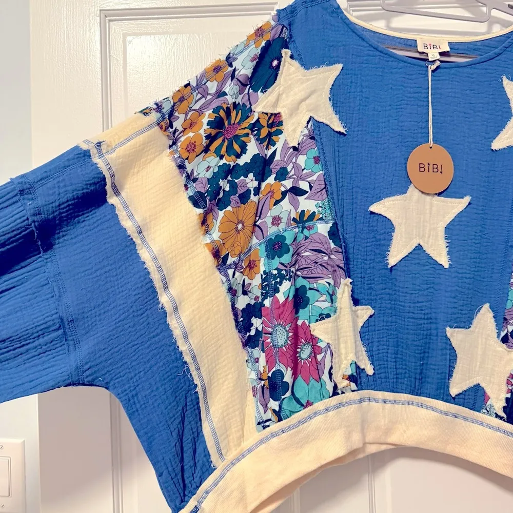Bibi Starry Meadow Oversized Patchwork Mixed Media Pullover Blue & White Size XL - Image 4