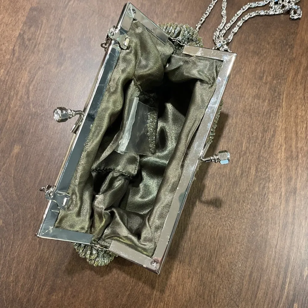 Vintage Beaded Evening Clutch Shoulder Bag Olive, Silver Color Jeweled Kisslock Green - Image 5