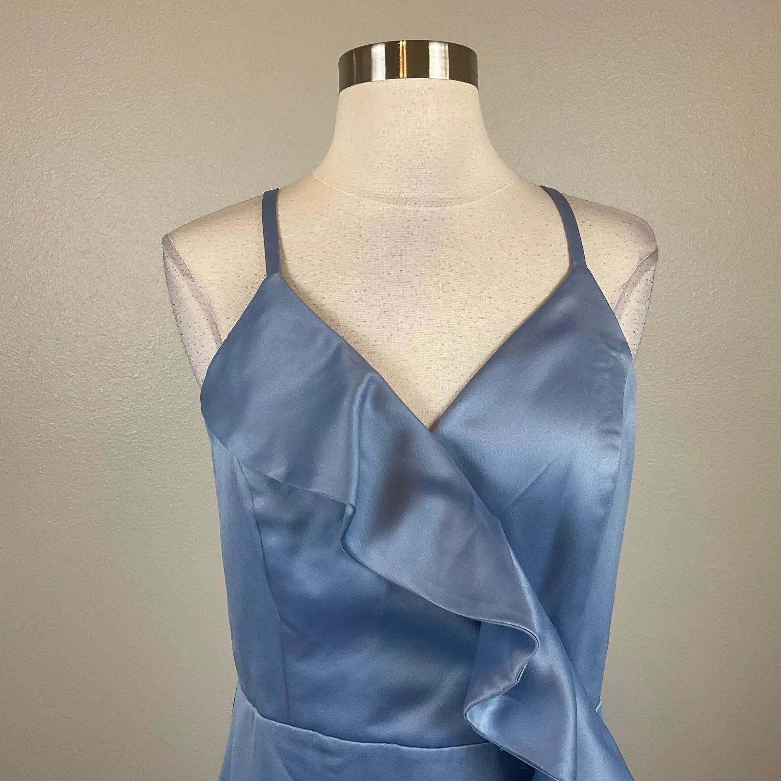 DKNY Satin Ruffled Sleeveless High Low V-Neck Evening Gown Blue Size 16 Dress - Image 7