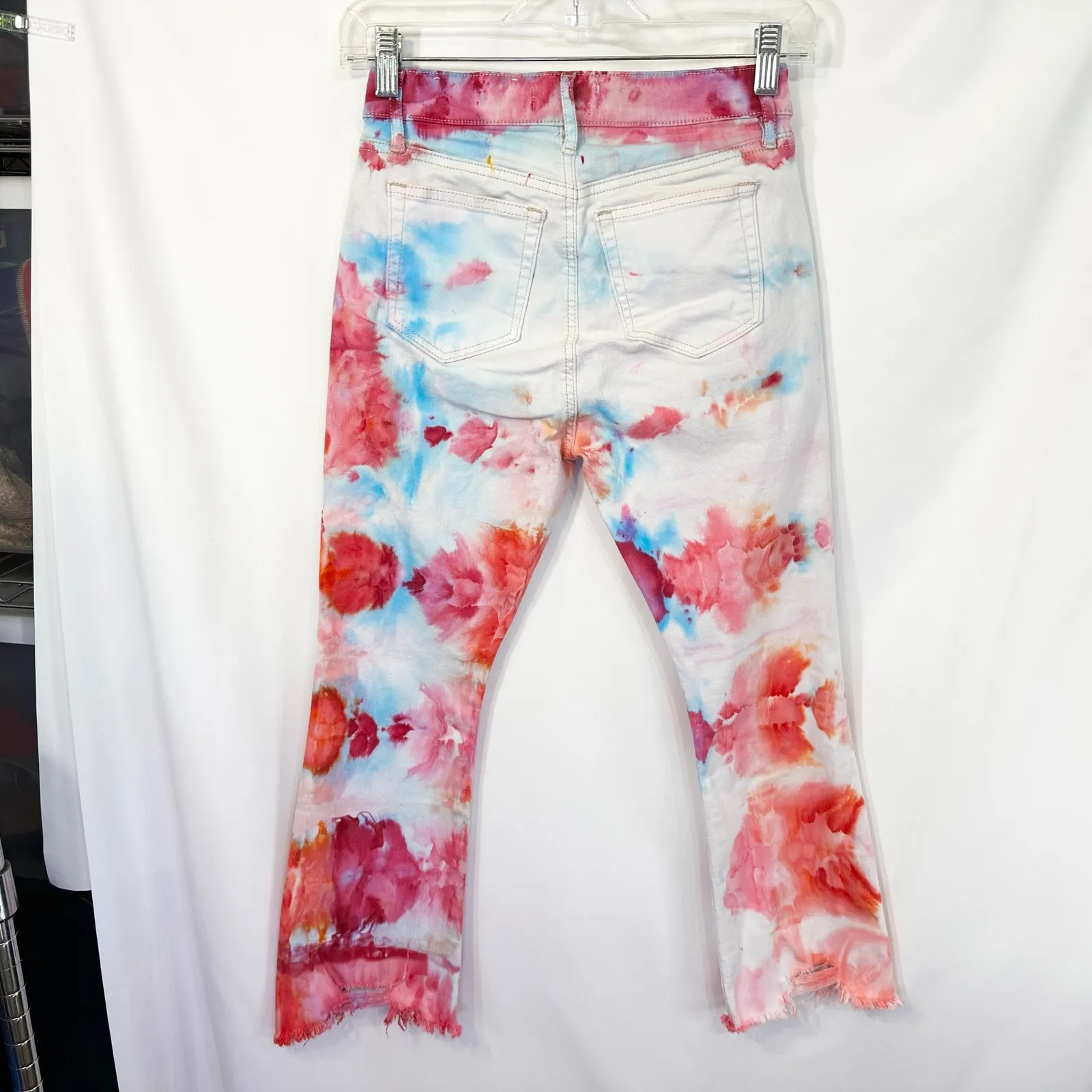 LOFT Size 00 Jeans Handmade Tie Dye High Waist Flare Crop Cut Off Frayed Raw 754 - Image 2