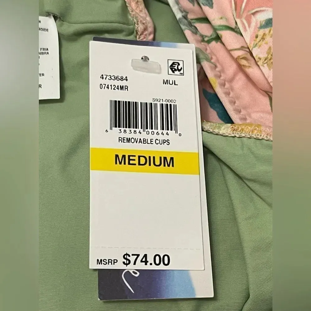 Isabella Rose Blossoms Asymmetrical Ruffle One Shoulder Floral Bikini Top M Pink - Image 7