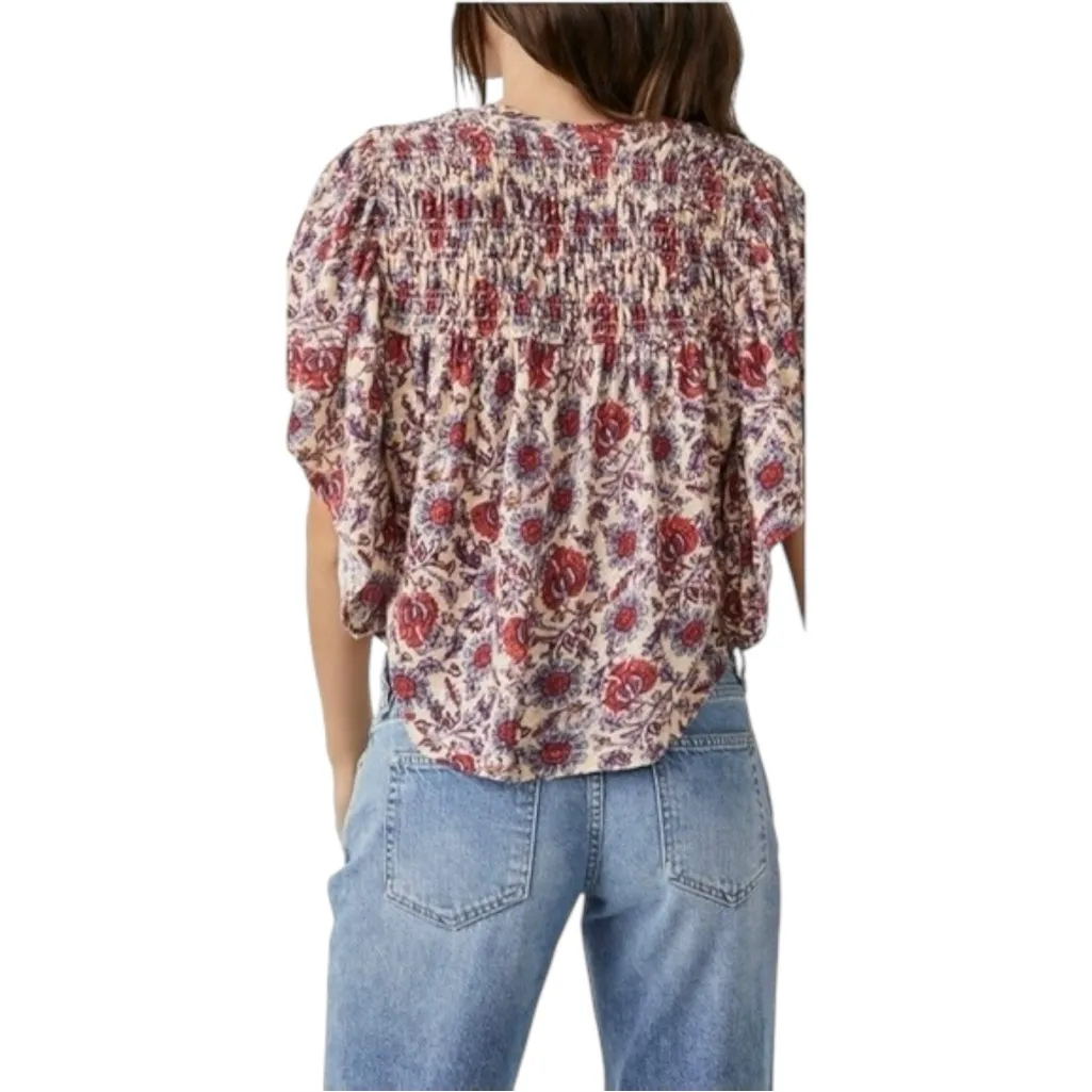 Free People Boho Floral Print Multicolor Flowy Ruffle Sleeve Linen Crop Top XS - Image 2