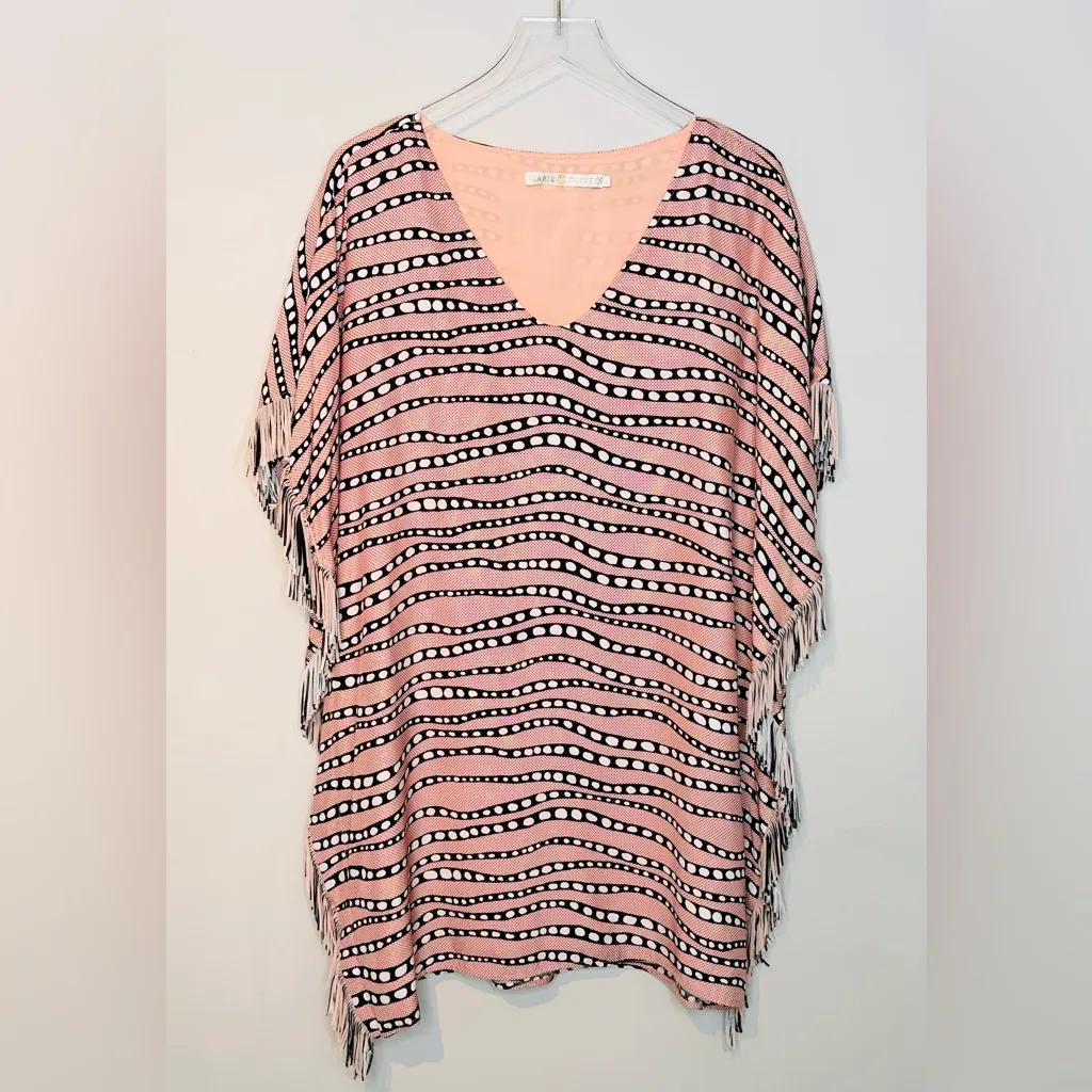 Marie Oliver Maura Silk Fringe‎ Trim Pink Black Print Caftan Dress - Image 3