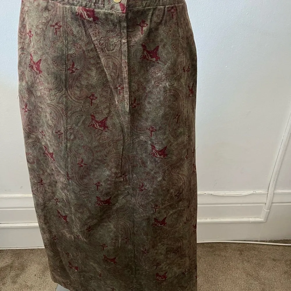 80s leather paisley maxi skirt M Aline stretch Ranch hippie Western Ranch boho Brown Size M - Image 2