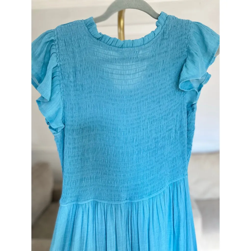 August Sky Smocked Maxi Dress Blue Ruffle Sleeve L Cottagecore Quiet Luxury Size L - Image 6