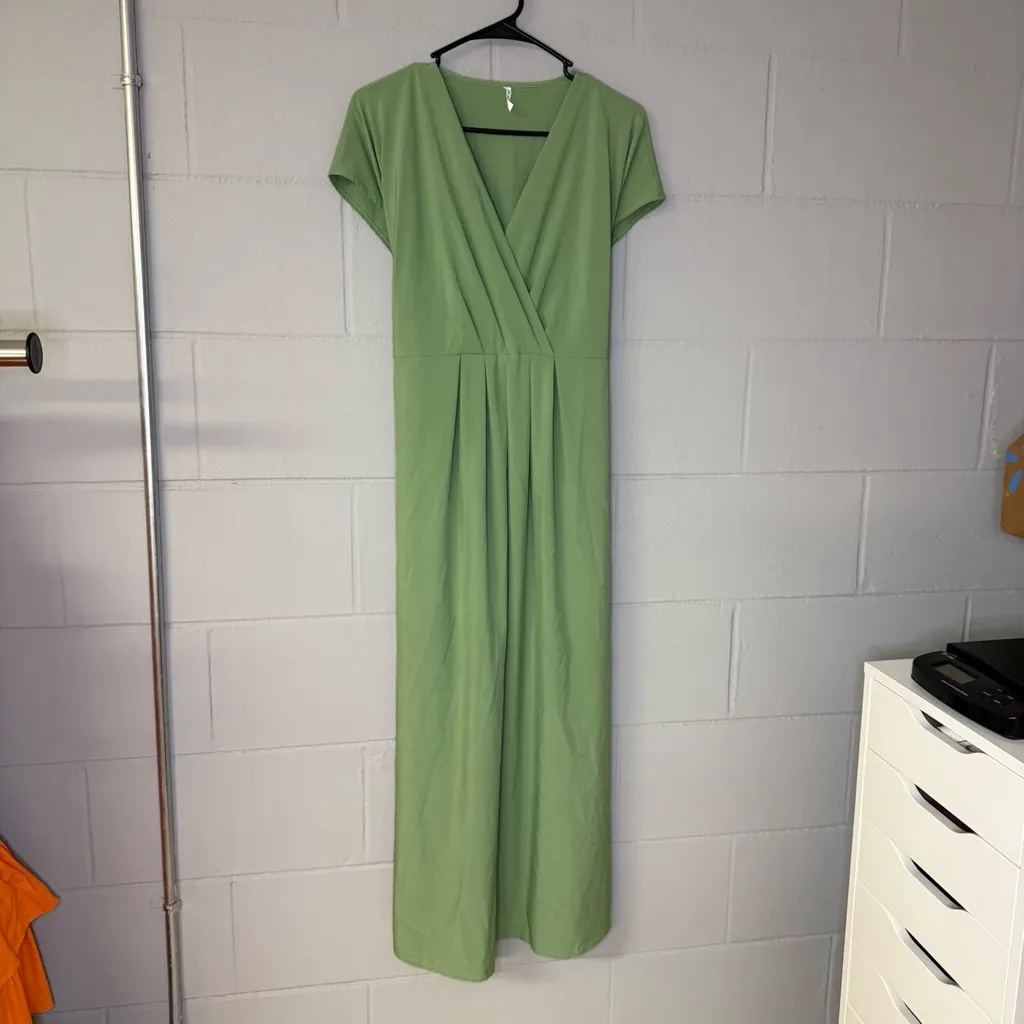 Halara V Neck Short Sleeve Pocket Tie Back Quick Dry Midi Casual Dress Green Lrg - Image 4