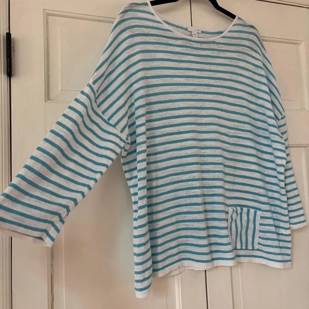 J. Jill Striped Linen Cotton Blend Sweater Aqua Turquoise & White Stripe Size XL - Image 7