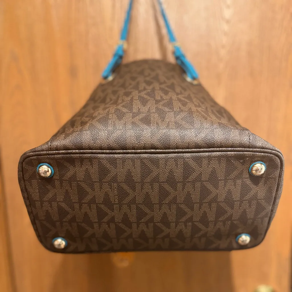 Michael Kors Jet Set Item Signature PVC East West Tote Brown teal w/ Wallet Blue - Image 6