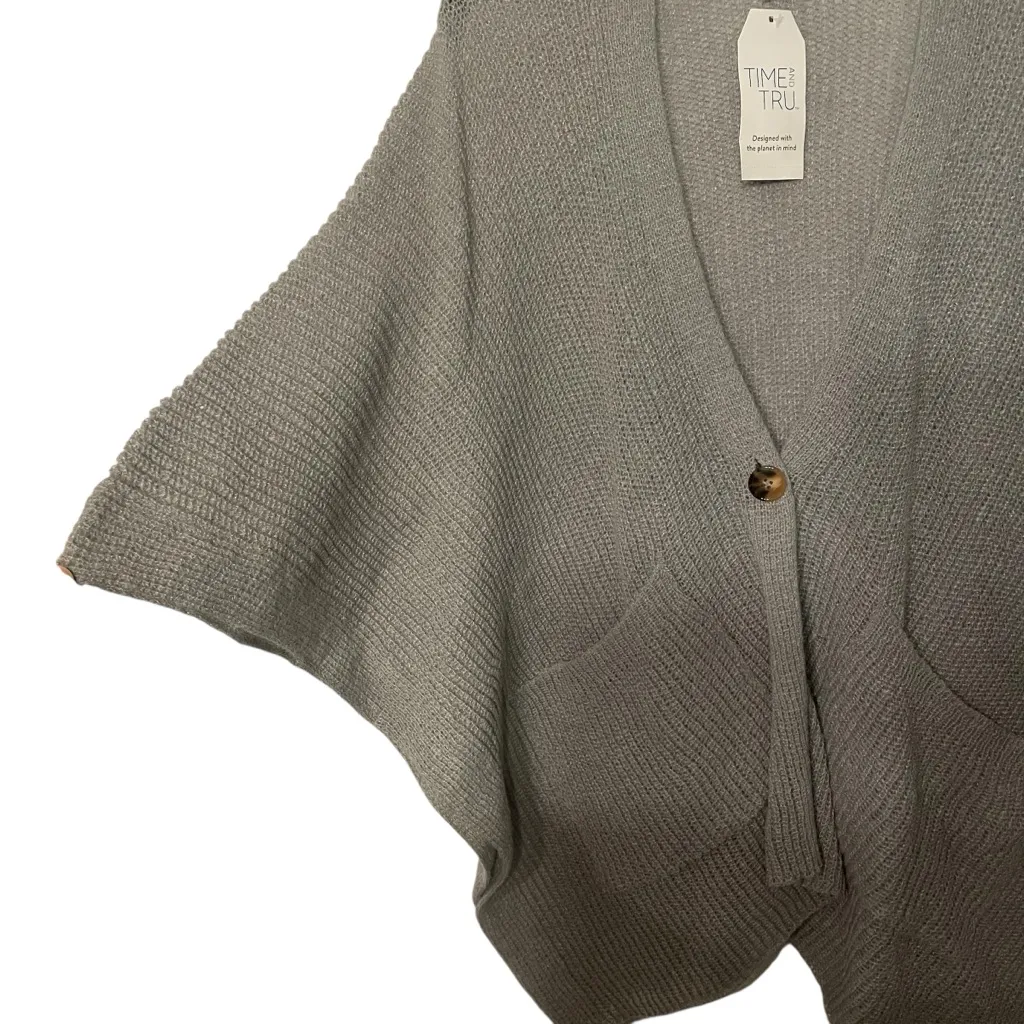 Time & True Knit Ruana NWT Women OS Gray Single Button Pockets V - Image 3