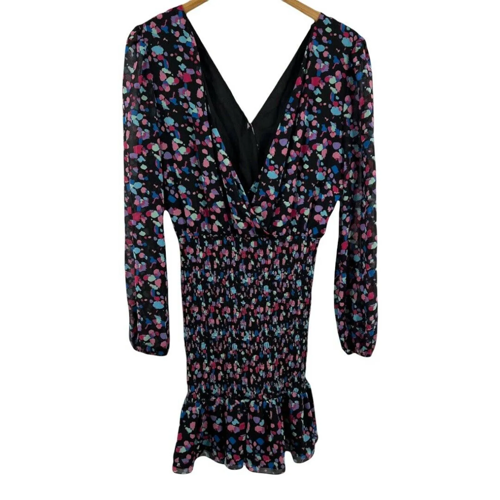 LEYDEN Printed Smocked Mini Dress Kaleidoscope Crossover S Black New‎ - Image 9
