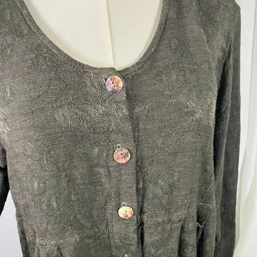 Vintage Modern Romance Dark Green Button Front Tunic Dress Rayon Flax‎ USA Made Brown Size M - Image 5