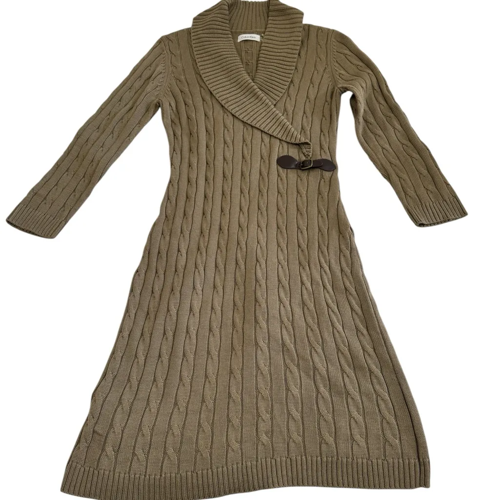 Calvin Klein Cable Knit Sweater Dress with Belt Tan Size M - Image 3