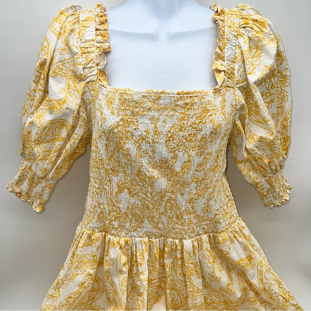 1. State Yellow Toile Paisley Print Midi Dress w/Smocked Bodice Short Sleeves-L - Image 2