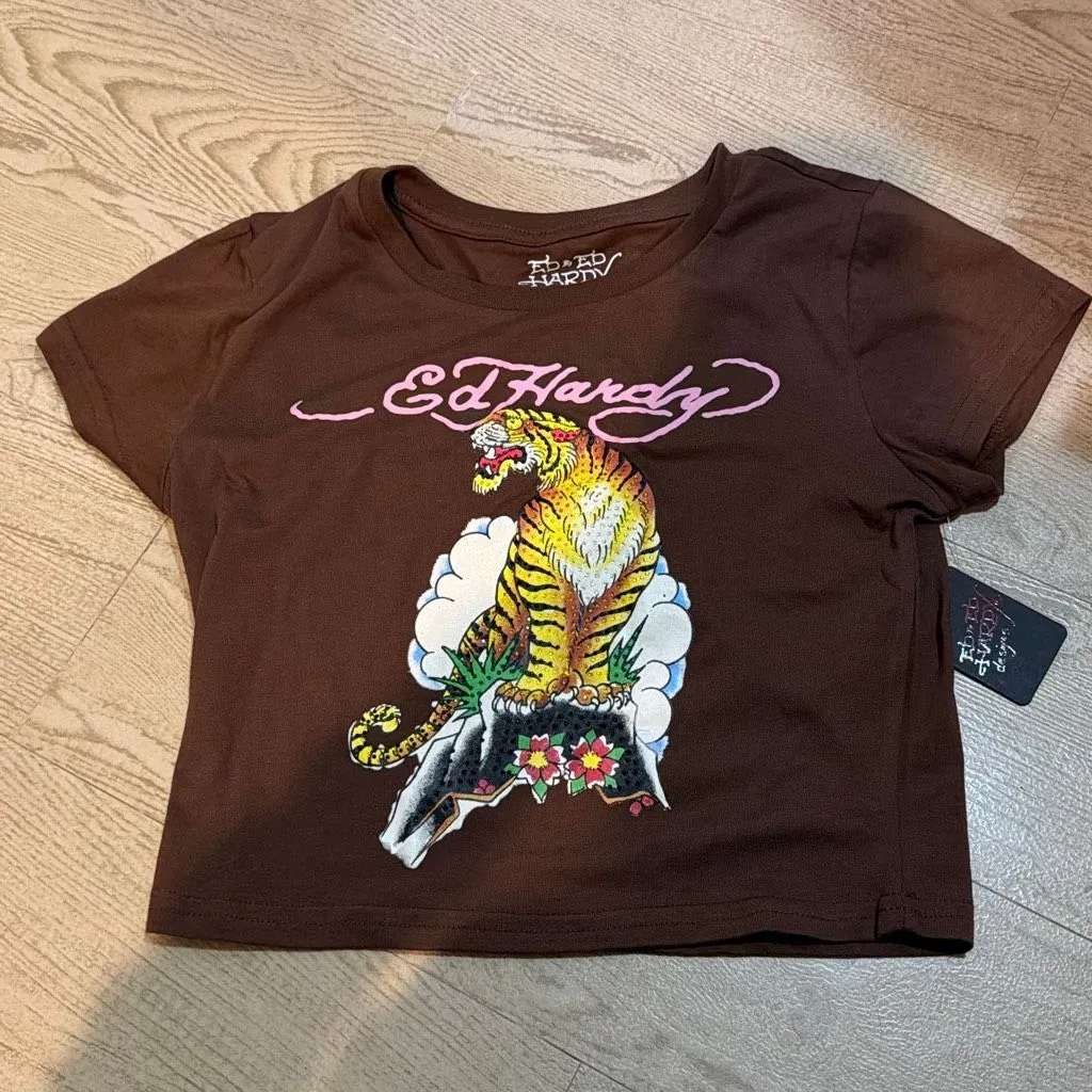 NWT Ed Hardy Women's Tiger Crop Tee - Brown bedazzled size medium - Image 2