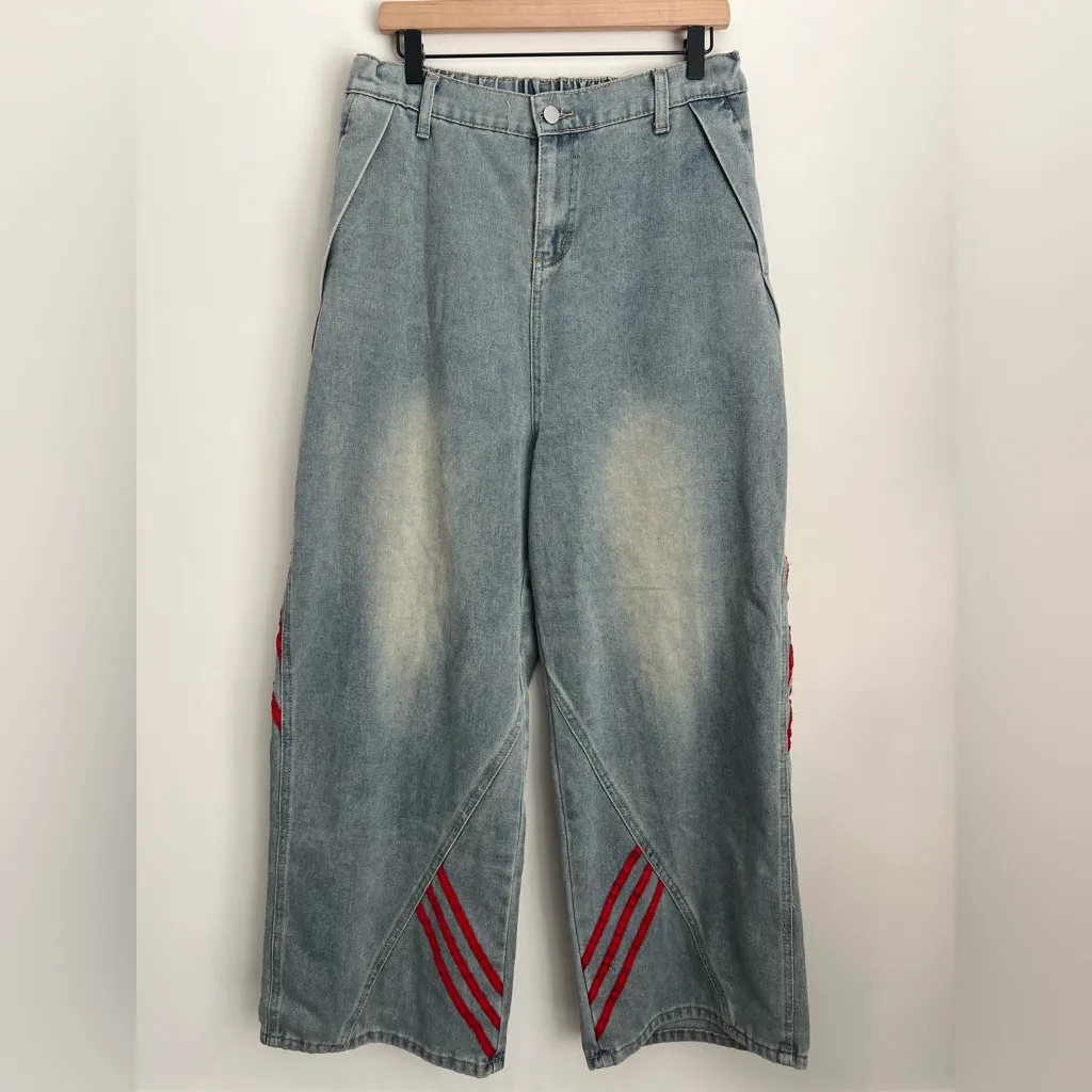 BH Grunge wide leg Baggy Jeans Red Stripes retro loose patchwork hip hop L Blue Size L - Image 4