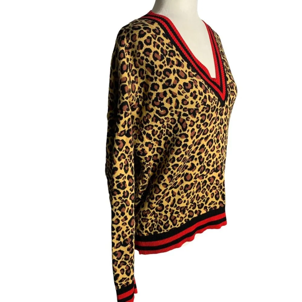 Asos Leopard Print V Neck Sweater 4 Brown Ribbed Knit Sport Trim Long Sleeves - Image 5