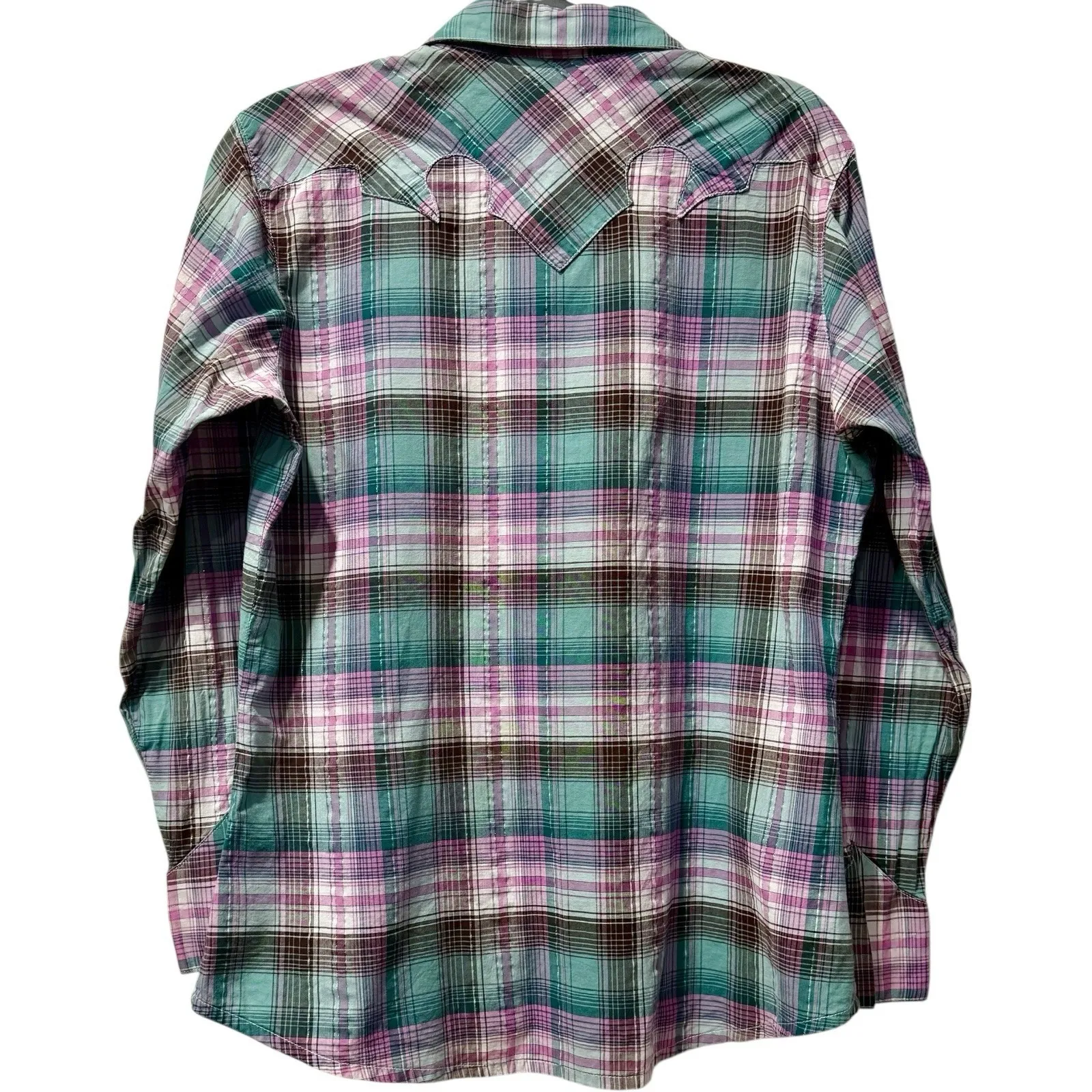 Wrangler Pearl Button Purple / Teal Metallic Thread Plaid Western Rodeo Shirt L - Image 2