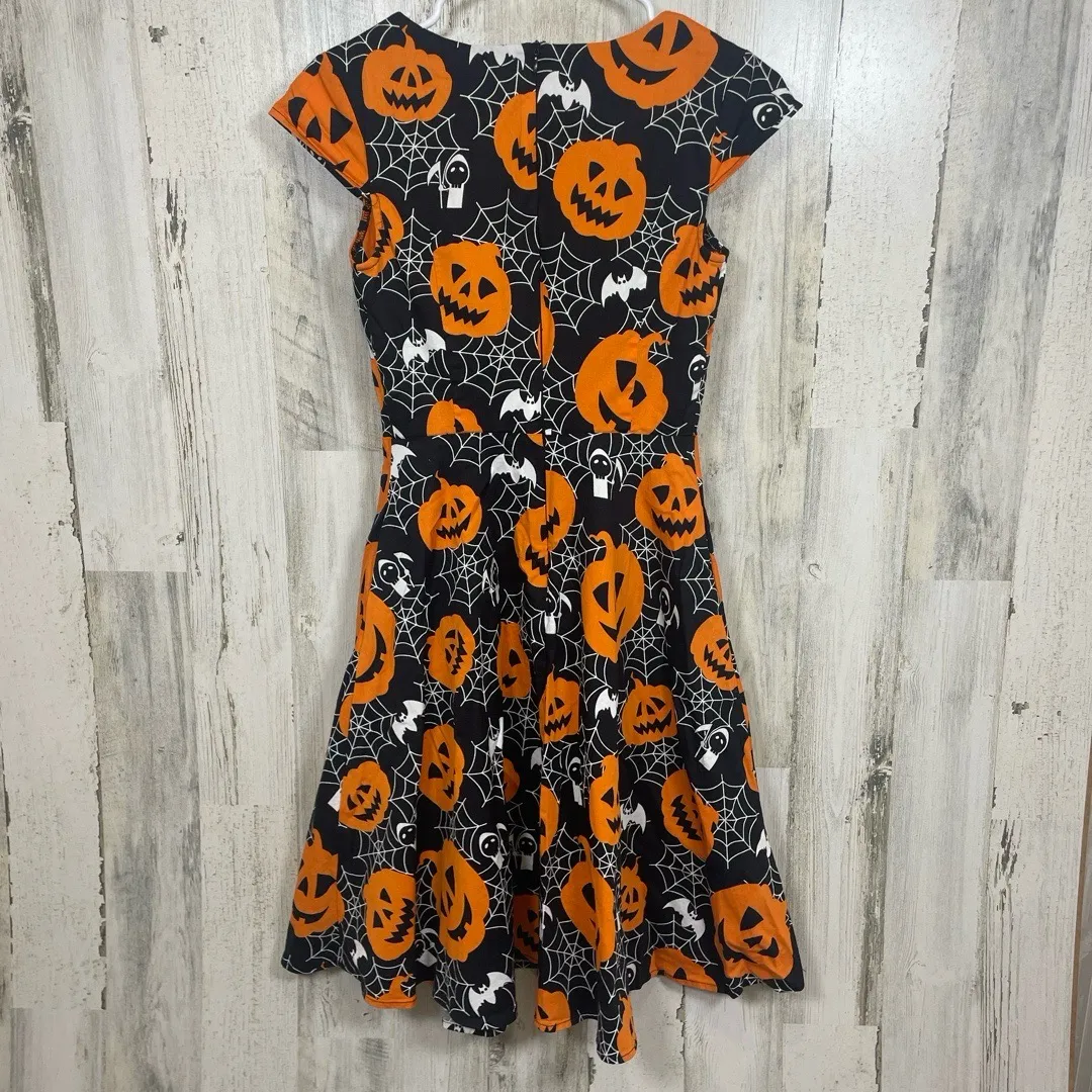Hanpceirs Fit Halloween Print Fit And Flare Dress sz XS Black Orange Pinup Retro - Image 6