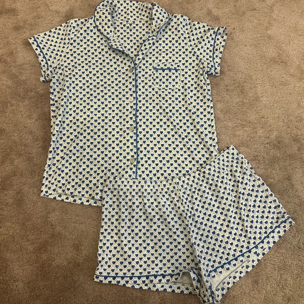 Roller Rabbit Blue Quilted Hearts Earth Day Polo Pajama Set Cotton Large Rare - Image 5