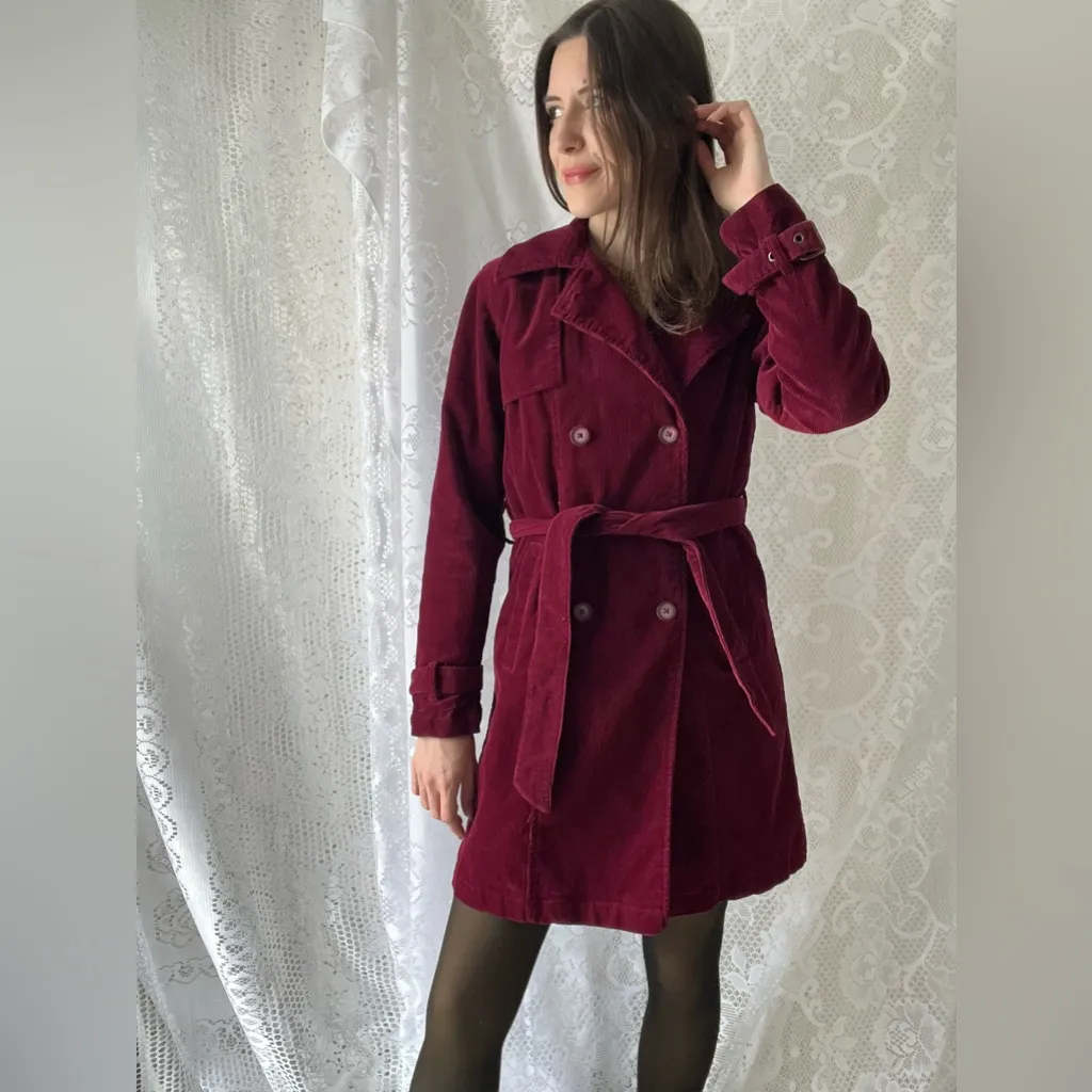 Vintage Burgundy Corduroy Trench Coat Kathy Ireland Belted Double Breasted - Image 9